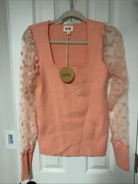 BiBi Peach Ribbed Knit Top with Polka Dot Mesh Sleeves